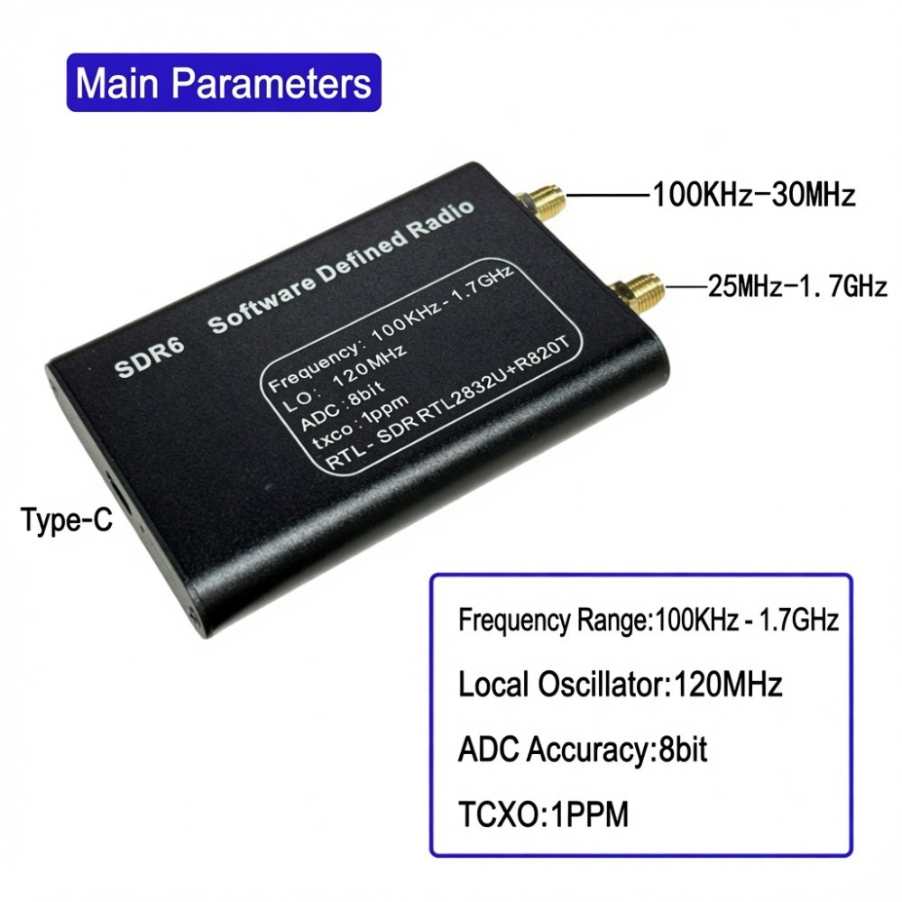 SDR6 RTL-SDR receiver 2832U+R820T 100kHz–1.7GHz, briv