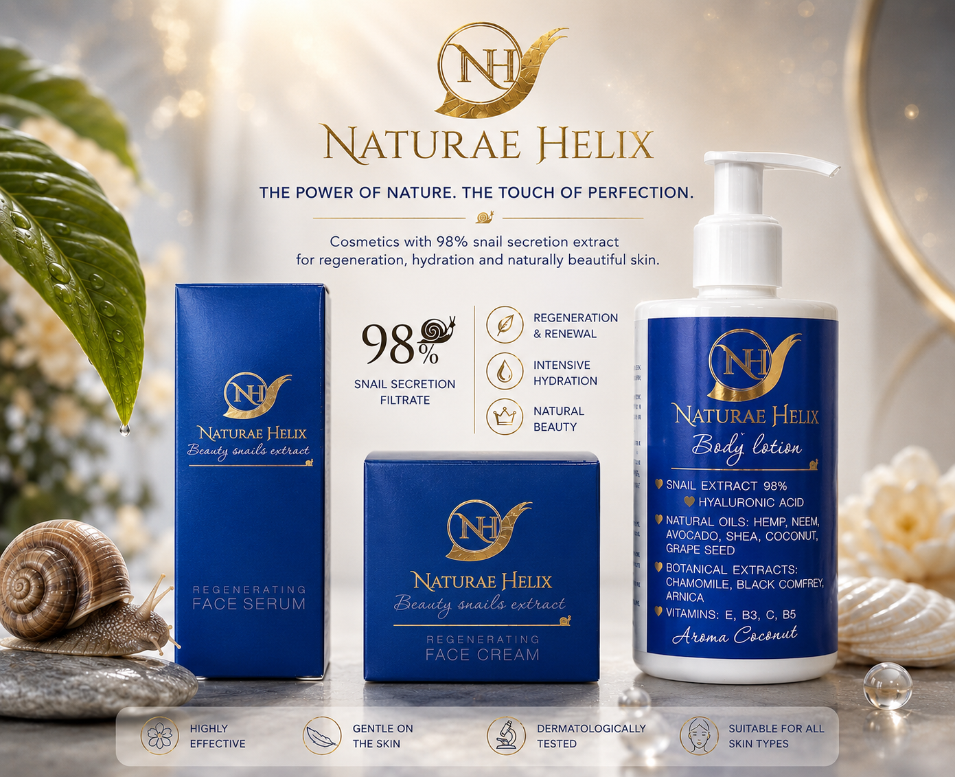 Naturae Helix 98% snail extract skincare – serum, cream and body lotion.