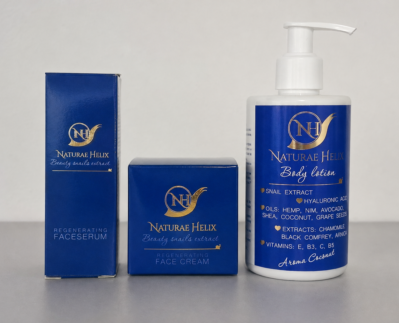 Naturae Helix snail extract skincare set with regenerating face serum, regenerating face cream and moisturizing body lotion with hyaluronic acid, natural oils, botanical extracts and vitamins