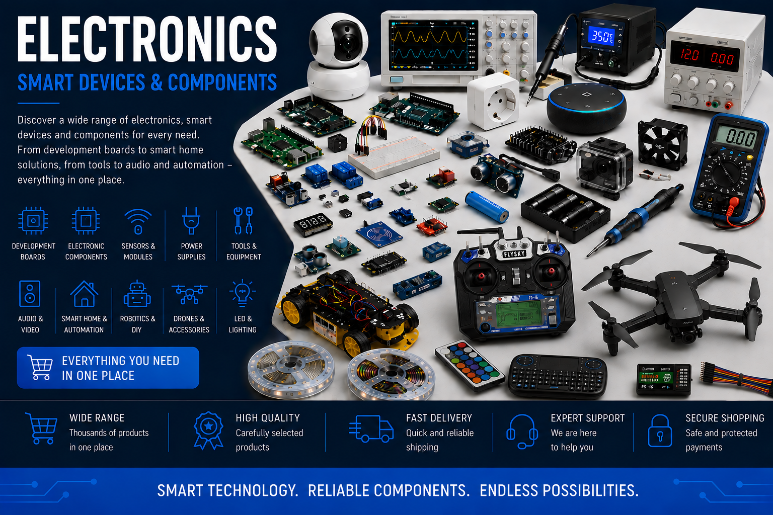 Electronics, smart devices and electronic components including development boards, sensors, modules, tools, drones and accessories