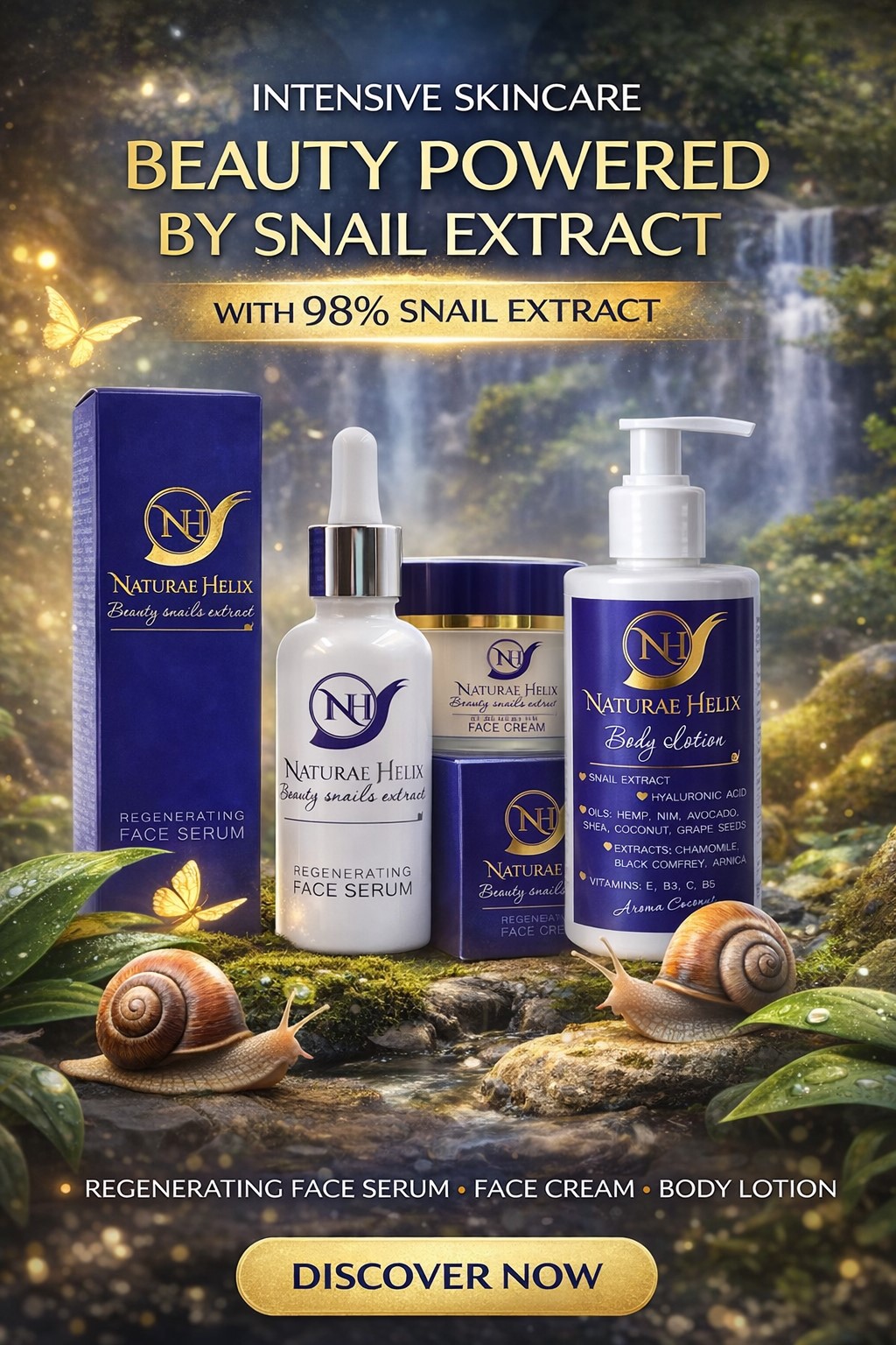 Premium 98% Snail Mucin Skincare Set – Anti-Aging Serum, Deep Hydration Face Cream & Nourishing Body Lotion for Smooth, Firm & Radiant Skin Premium 98% snail mucin skincare set by Naturae Helix including anti-aging regenerating face serum, deeply hydrating face cream and nourishing body lotion for intensive skin repair, wrinkle reduction, improved elasticity and radiant youthful glow