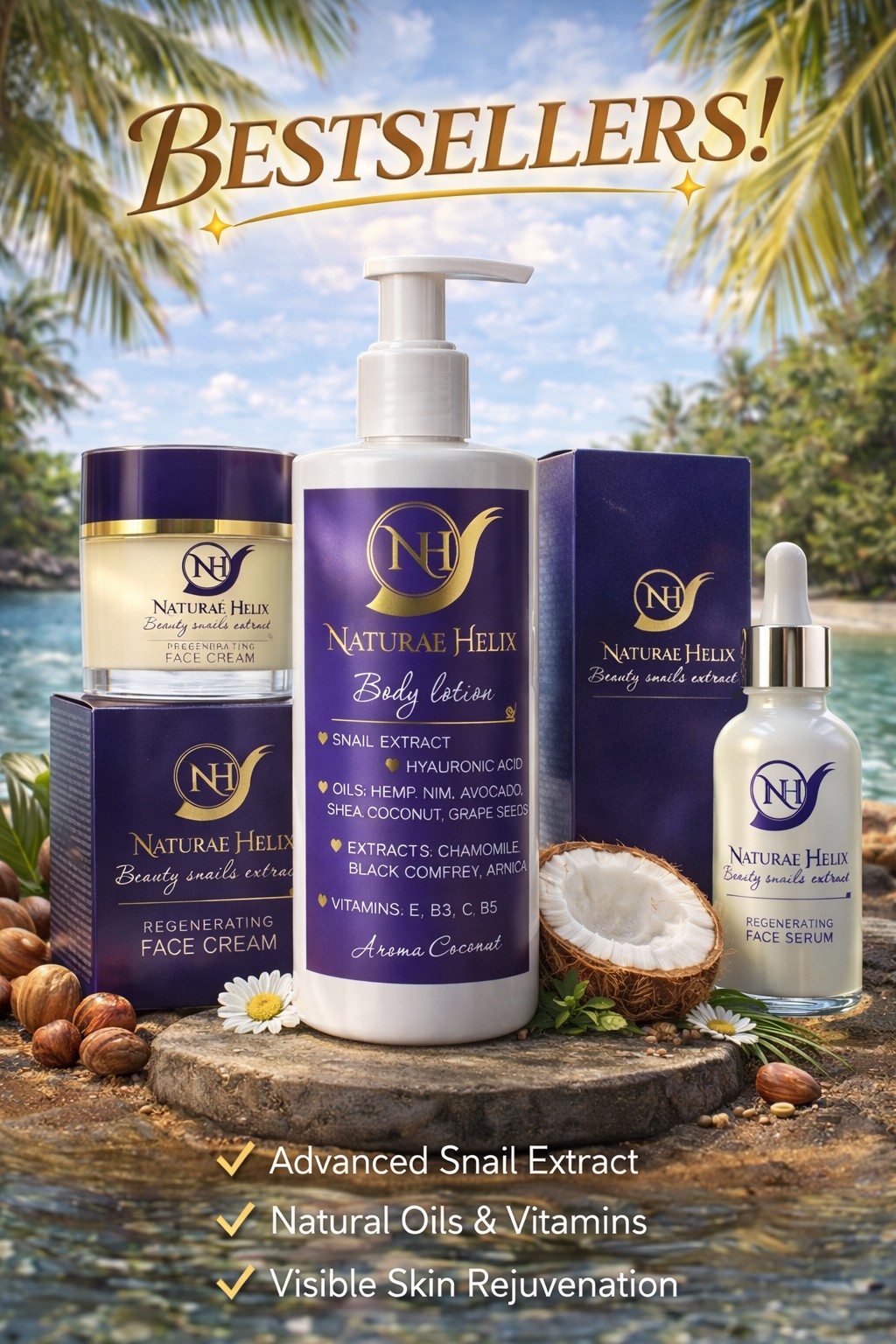 Bestselling luxury snail mucin skincare set by Naturae Helix including regenerating face cream, anti-aging serum and hydrating body lotion enriched with hyaluronic acid, natural oils and vitamins for visibly smoother, youthful and radiant skin