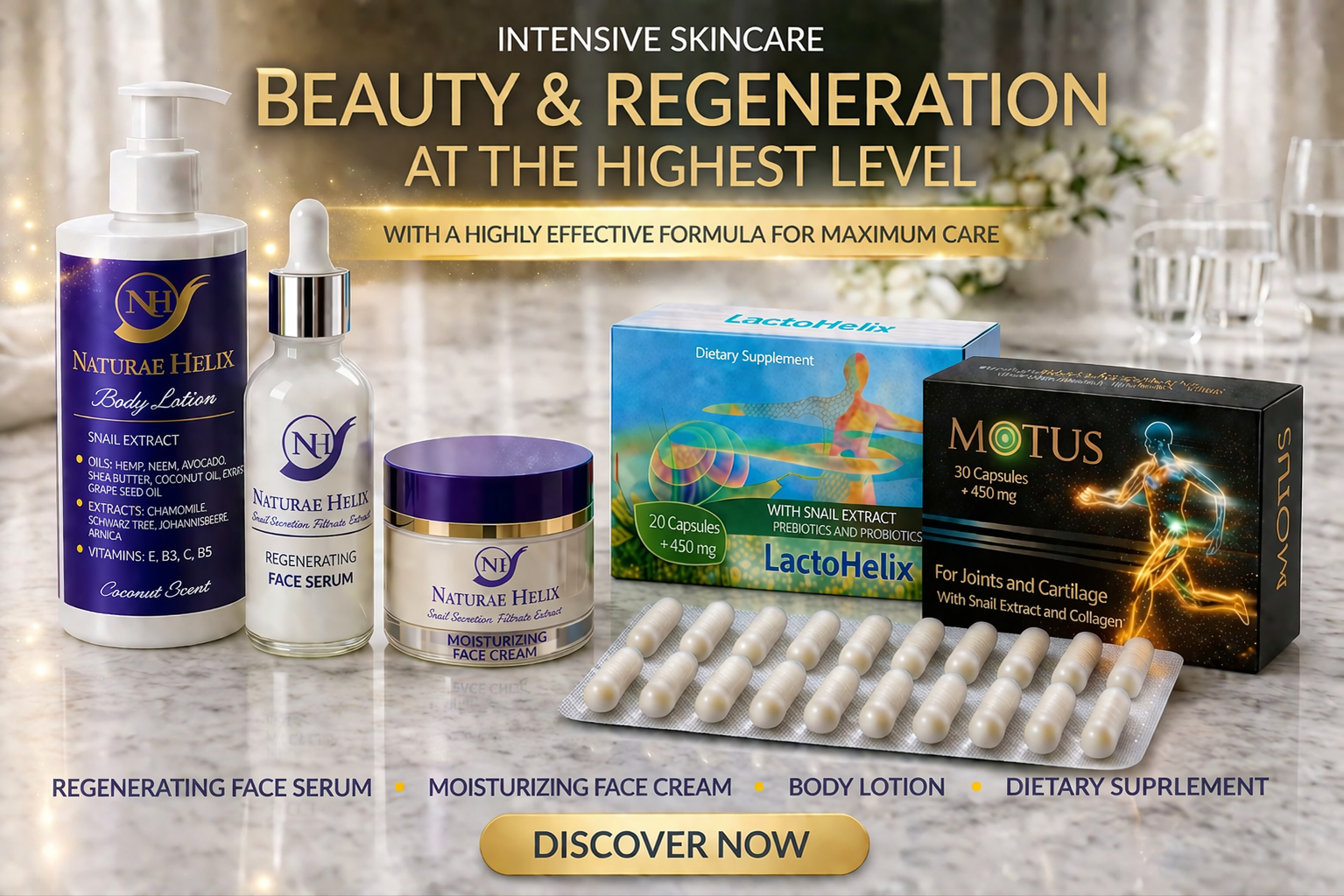Luxury snail mucin skincare and supplement set by Naturae Helix including anti-aging face serum, moisturizing face cream, hydrating body lotion and collagen support capsules for skin regeneration, joint health, deep hydration and youthful radiant glow