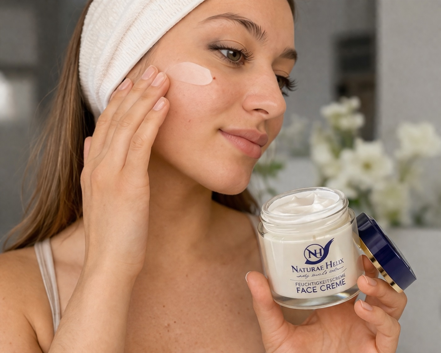Luxury Hydrating Face Cream – Anti-Aging Moisturizer for Glowing, Smooth & Youthful Skin in Your Daily Skincare Routine Woman applying luxury hydrating face cream as part of daily skincare routine for glowing, smooth and youthful skin, featuring anti-aging moisturizer that deeply nourishes, improves skin texture and supports natural skin regeneration