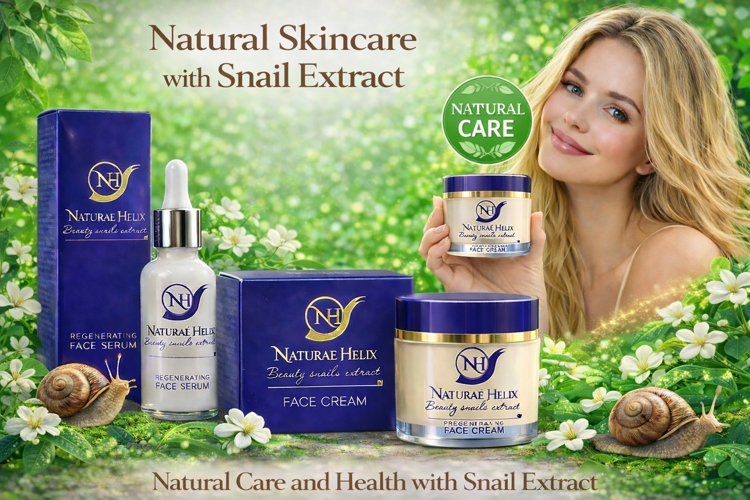 Snail mucin skincare set Naturae Helix – anti-aging face cream and serum for hydration, regeneration and radiant skin Premium snail mucin skincare set by Naturae Helix with face cream and serum – natural anti-aging, deep hydration and skin regeneration cosmetics for glowing healthy skin