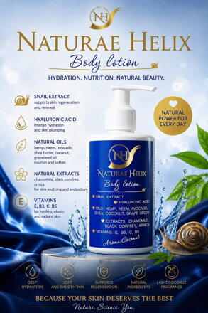 NH Body Lotion with Snail Extract (Helix Aspersa) & Hyaluronic Acid – Deep Hydration, Anti-Aging & Skin Regeneration Aroma Coconut 250 ml